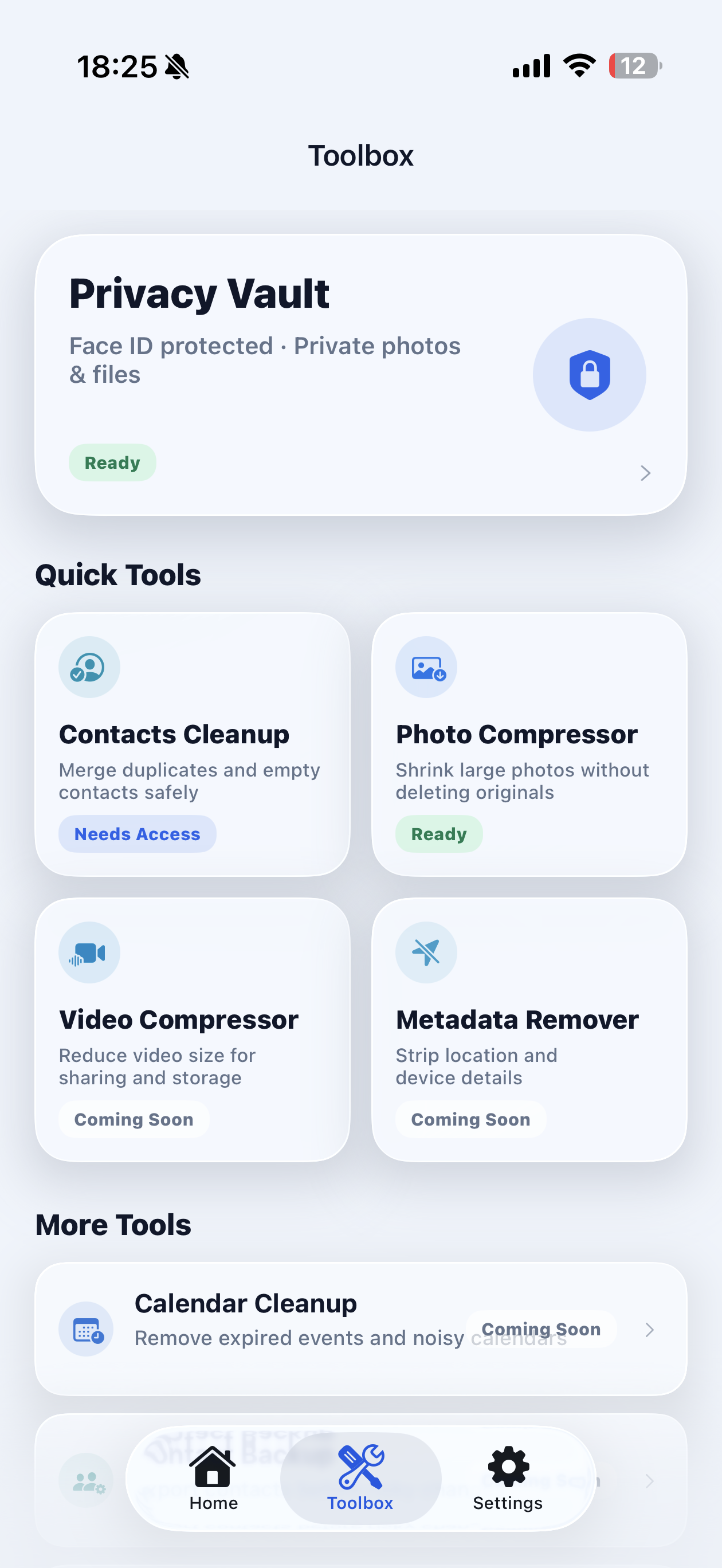 Toolbox screen showing privacy vault and cleanup tools