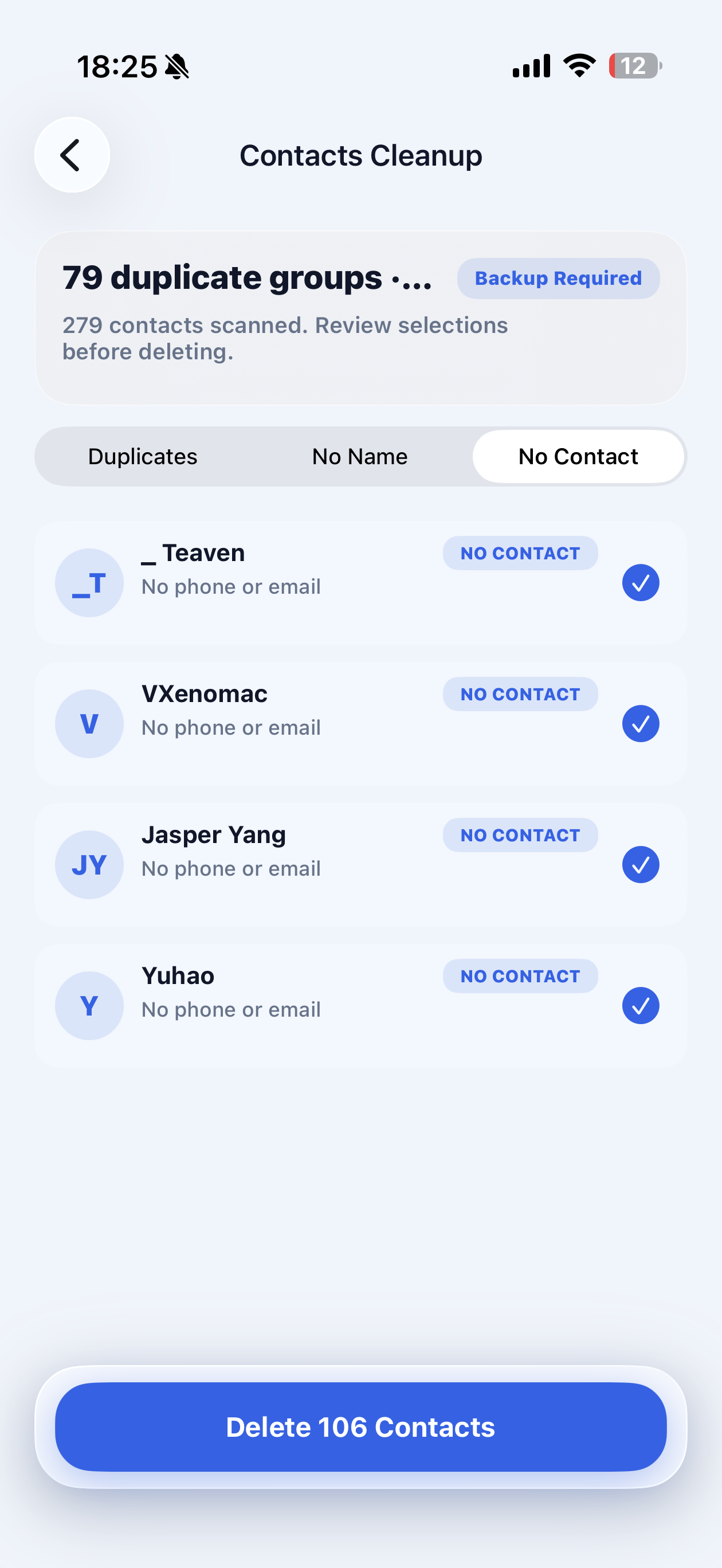 Contacts cleanup review screen showing duplicate groups
